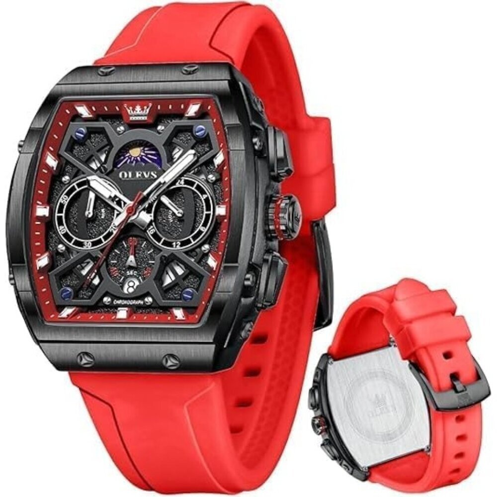Red Watches For Men Waterproof Analog Quartz Chronograph Business Casual Dress